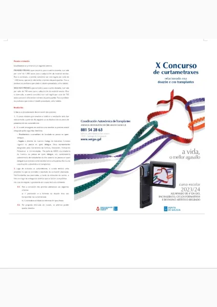 X Concurso de curtametraxes relacionado coa doazón e cos transplantes. A vida, o mellor agasallo: Curso escolar 2023/24