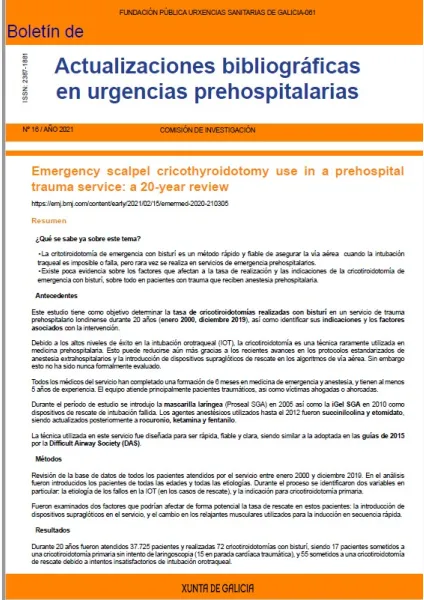 Boletín de actualizaciones bibliográficas en urgencias prehospitalarias. Nº 16/2021. Fundación Pública Urxencias Sanitarias de Galicia-061 | 16