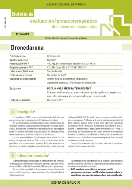  Boletín de Evaluación Farmacoterapéutica de Nuevos Medicamentos, Nº 1-2012  | Núm. 1, ano 2012