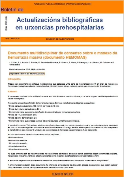 Boletín de actualizacións bibliográficas en urxencias prehospitalarias: Fundación Pública Urxencias Sanitarias de Galicia-061 | Núm. 5, 2016