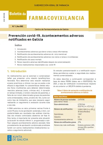 Boletín de Farmacovixilancia: Prevención Covid-19. Acontecementos adversos notificados en Galicia | Nº1 / 2022